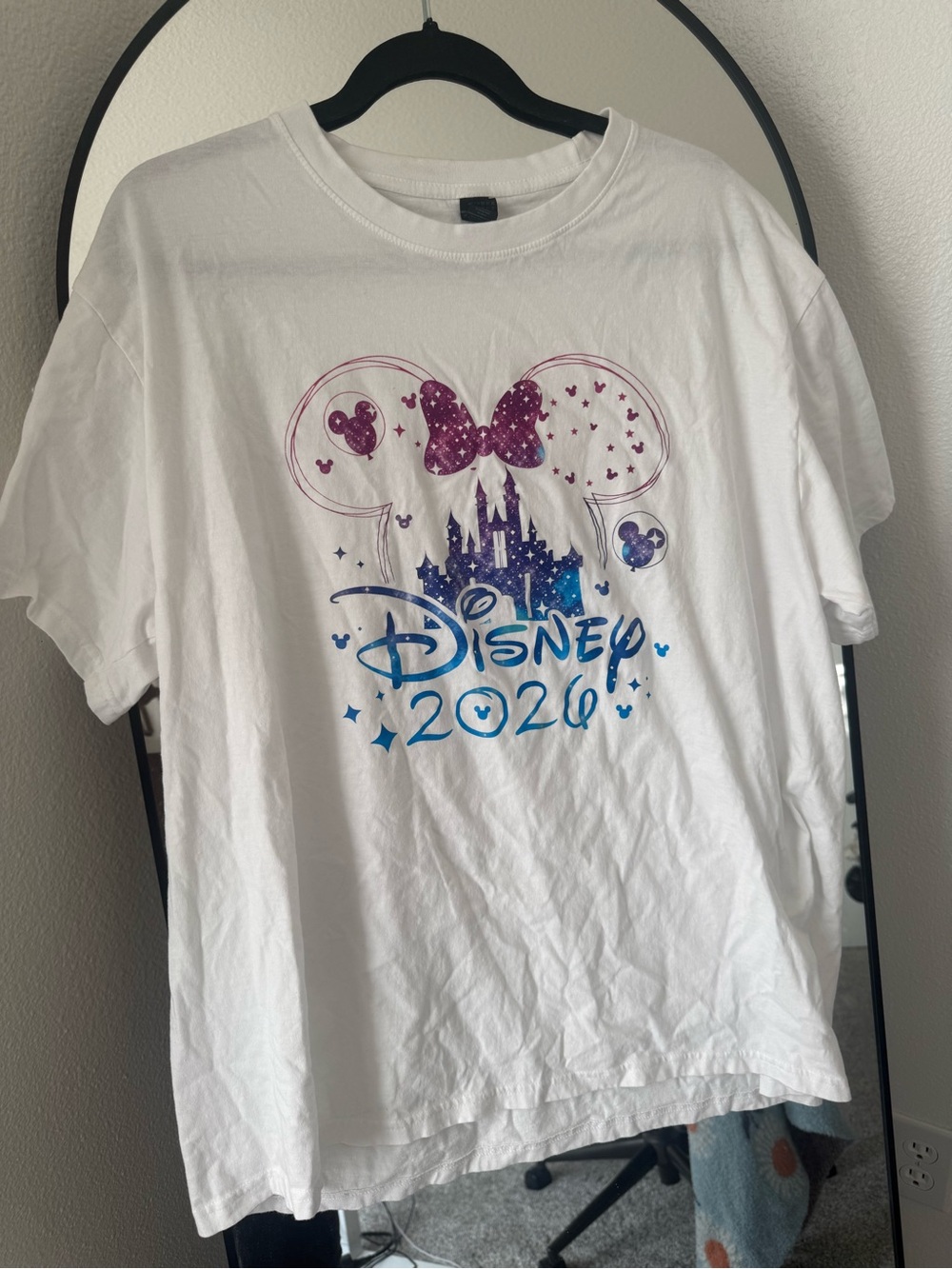 Disney 2026 White Short Sleeve Kids Tee with Pink & Blue Graphic